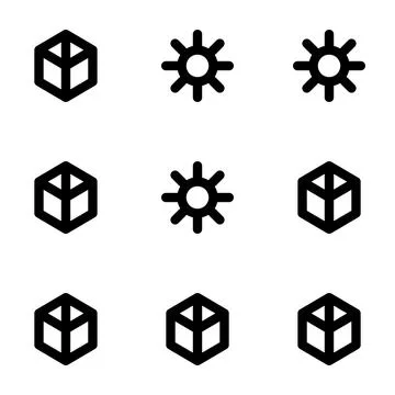 Geometric Cube and Sun Symbol Icons Set Design on a Plain White Background Vi Stock Illustration