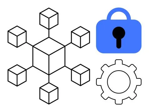 A geometric cube network representing blockchain is paired with a blue padloc Stock Illustration