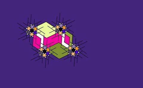 Geometric cube with starburst patterns on purple background Stock Illustration