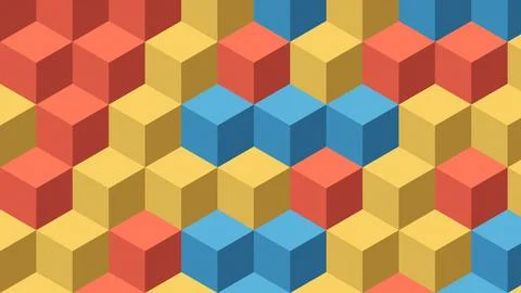 Geometric cubes pattern with blue red mustard yellow blocks abstract design Stock Illustration