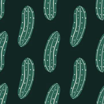 Geometric cucumber seamless pattern on black background. Doodle cucumbers veg Stock Illustration