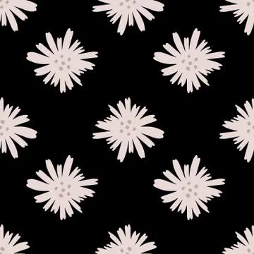 Geometric daisy pattern in doodle style on black background. Chamomile flower Illustrazione stock