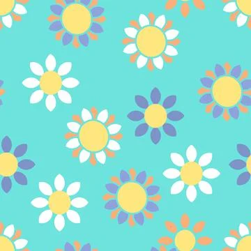 Geometric Daisy Repeating Vector Pattern In White, Orange And Purple On An Aq Stock Illustration