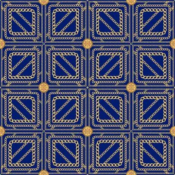 Geometric design, seamless gold chains pattern isolated on dark blue background. Stock Illustration