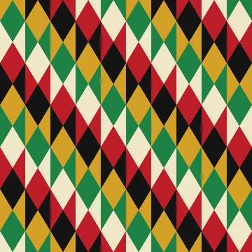 Geometric diamond pattern fabric with red green black yellow stripes Stock Illustration