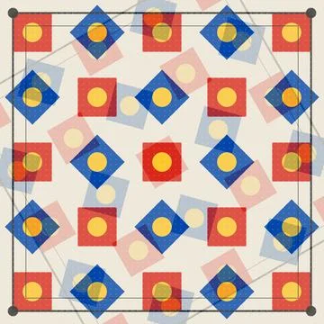 Geometric diamond pattern with red blue yellow circles on grid background Stock Illustration