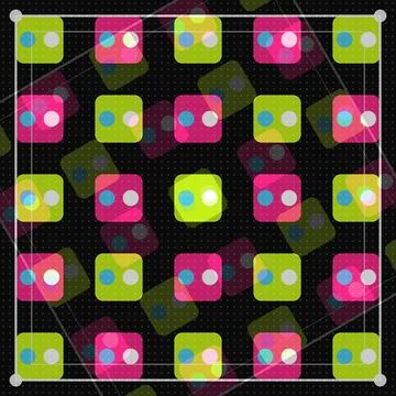 Geometric dice pattern with pink lime green blue dots on black grid backgroun Stock Illustration