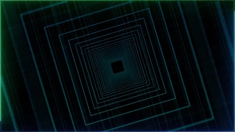 Geometric digital square corridor visual with teal outline frames, deep black ce Stock Footage 340555282