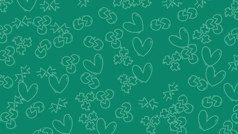 Geometric doodle pattern featuring repeating teal hearts and plus sign icons Stock Footage 335028795
