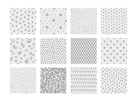 Geometric doodle patterns. Hand drawn seamless prints. Minimalistic backgrounds Stock Illustration