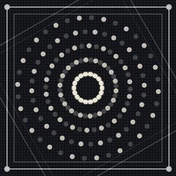 Geometric dot pattern with concentric circles and border framing on black b.. Stock Illustration