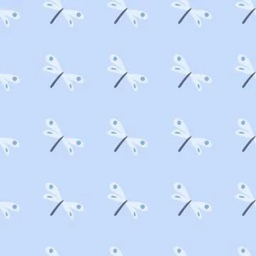 Geometric dragonfly seamless pattern on light blue background. Hand drawn dra 스톡 일러스트