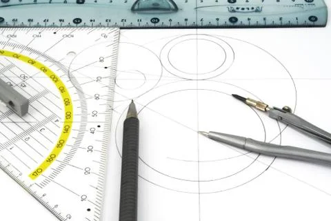Geometric drawings and drawing instruments. Stock Photos
