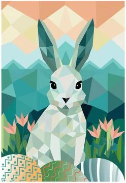 Geometric Easter bunny with Easter eggs on the background, flat vector design Stockillustratie