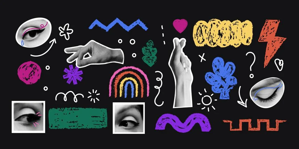 Geometric elements. Abstract collage. Retro dots hand. Newspaper eye. Pencil イラスト素材