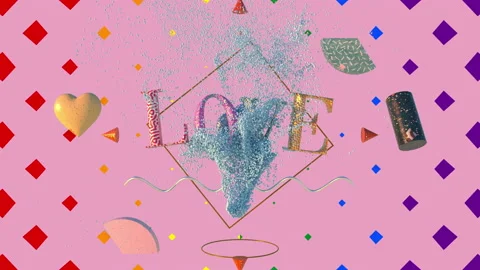 Geometric elements floating, fluid particles colliding, color mix Stock Footage 156337703