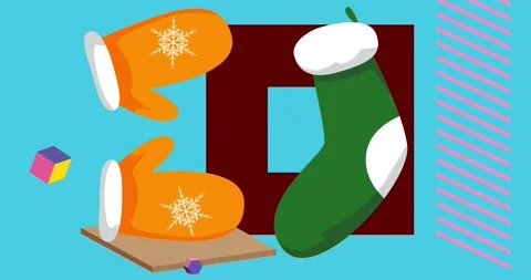 Geometric elements with Mitten Glove and Christmas stocking Stock Footage 295166519