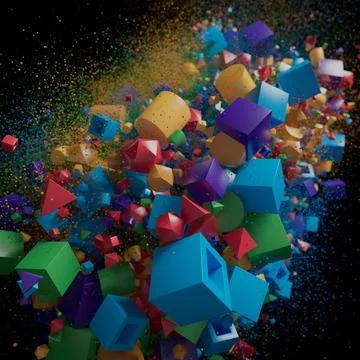 Geometric Explosion: A Colorful Symphony of 3D Shapes and Particles Illustrazione stock