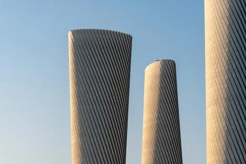 Geometric facade details of the high-tech Lusail Plaza Towers in Lusail City. Photos