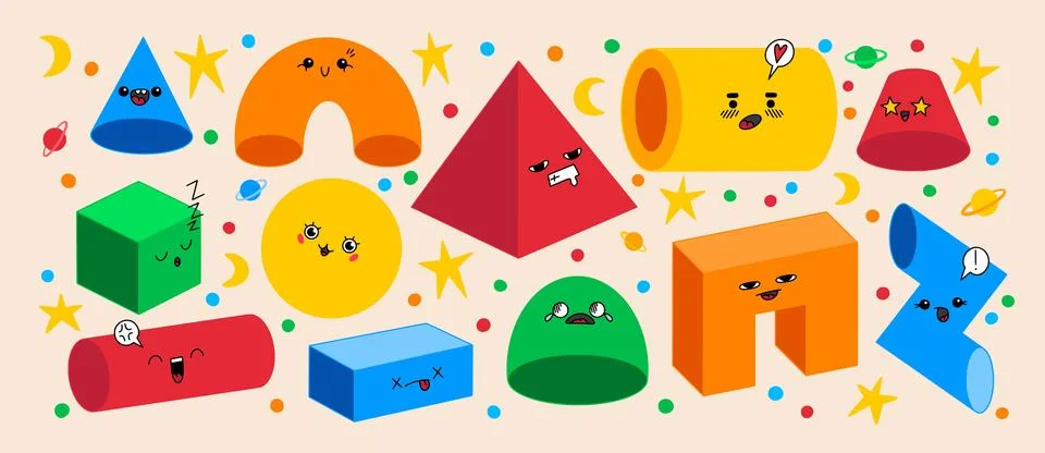 Geometric figures. Abstract shape faces, cute funny school doodles. Smile mat 库存插图