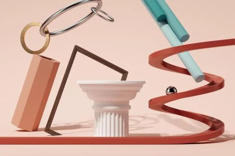 Geometric figures and objects on pink background. 3d rendering. Stock Illustration