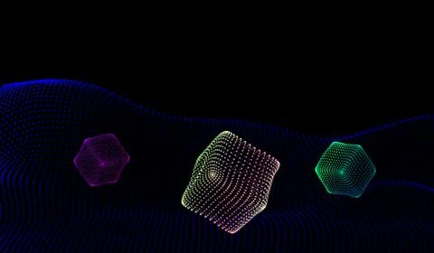 Geometric figures from dynamically emitted particles. 3D-style. Luminous grid Stock Illustration