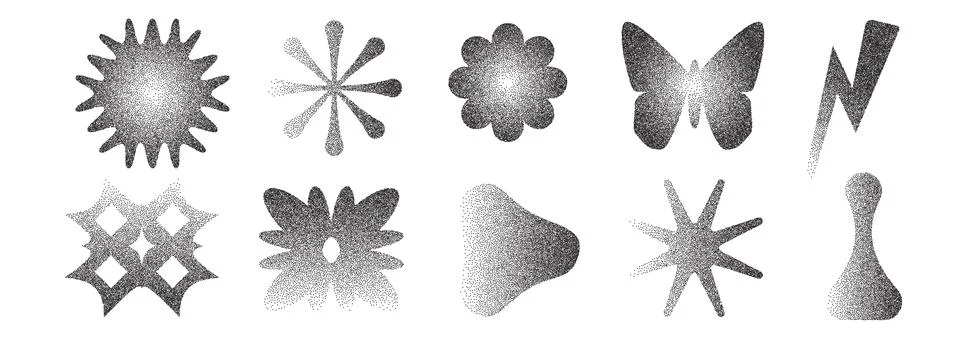 Geometric figures with grain noise gradient texture. Y2k retro stippling forms Stock Illustration