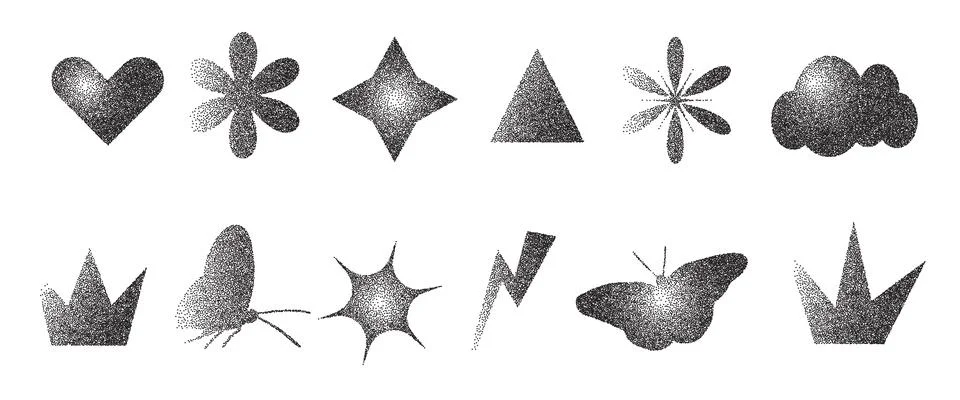 Geometric figures with grain noise gradient texture. Y2k retro stippling forms Stock Illustration