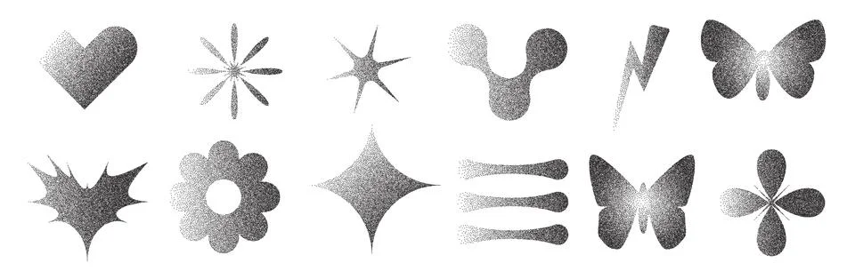 Geometric figures with grain noise gradient texture. Y2k retro stippling forms Stock Illustration