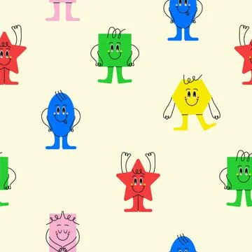 Geometric figures pattern with funny face, cute creations with emotions. Diff Stock Illustration