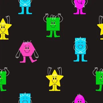 Geometric figures pattern with funny face, cute creations with emotions. Diff Stock Illustration