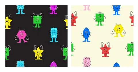 Geometric figures pattern with funny face, cute creations with emotions. Diff Stock Illustration