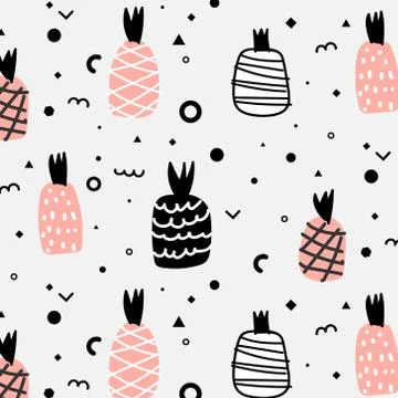 Geometric Flat And Cute Hand Drawn Pineapples Pattern. 스톡 일러스트