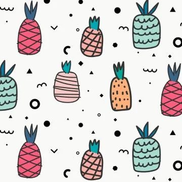 Geometric Flat And Cute Hand Drawn Pineapples Pattern. 스톡 일러스트