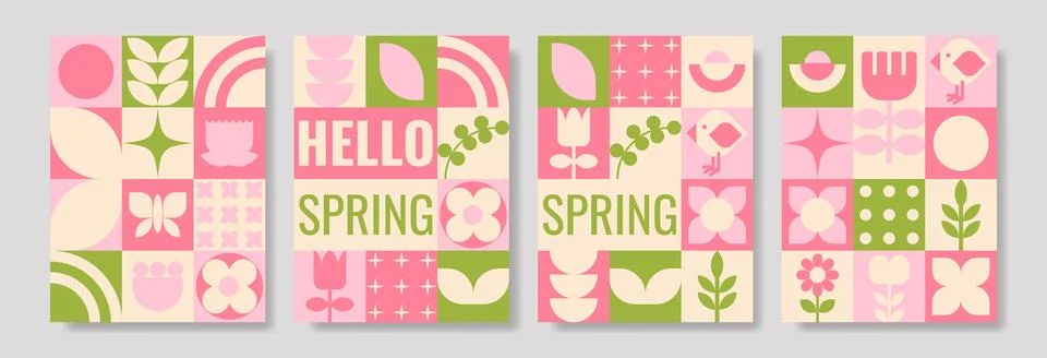 Geometric flat composition of plants and flowers Hello Spring イラスト素材