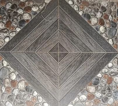 Geometric Floor Tile Pattern with Wood and Pebble Stone Texture Stock Photos