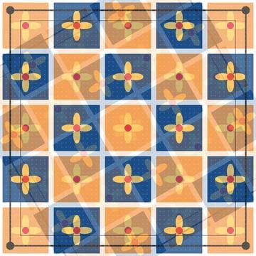 Geometric floral cross patterns on abstract tiled background with grid framin Stock Illustration