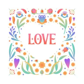 Geometric floral frame. Gradient spring flowers and butterflies. Natural bota Stock Illustration