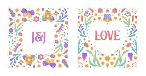Geometric floral frame. Gradient spring flowers and butterflies. Natural bota Stock Illustration