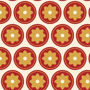 Geometric floral pattern circles red gold beige seamless background Stock Illustration