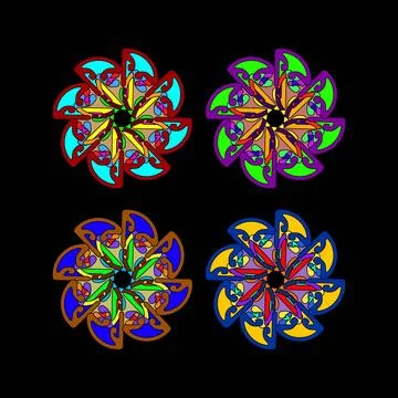 Geometric Floral Pattern with Interlocking Petals in Red, Purple, and Yello.. Stock Illustration