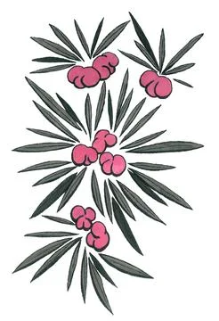 Geometric floral pattern with long gray leaves and rounded pink berries Stock Illustration