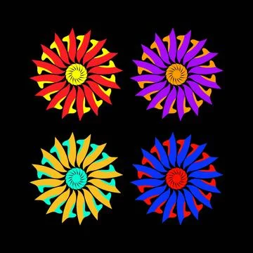 Geometric Floral Pattern with Radiating Petals in Red, Purple, Yellow and B.. Illustrazione stock