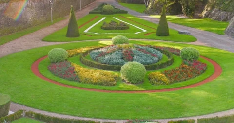 Geometric floral patterns and sculpted greenery in Angers Castle gardens, France Stock Footage 307008048