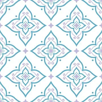 Geometric Floral Seamless Pattern in Light Blue and Purple Stock Illustration