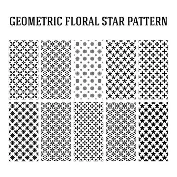 Geometric Floral Star Pattern Set, Bold Seamless Snowflake Asterisk Pinwhee.. Stock Illustration