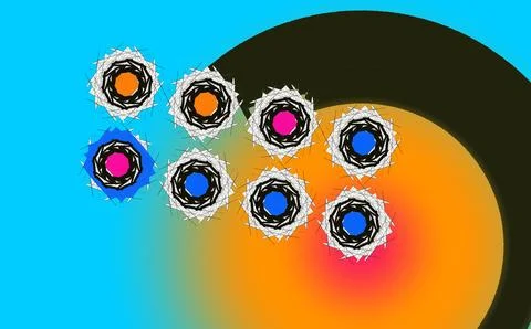 Geometric Flower Emblems on Blue and Orange Gradient Background Stock Illustration