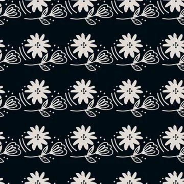 Geometric flower seamless pattern in line art style on black background. Dood Stock Illustration