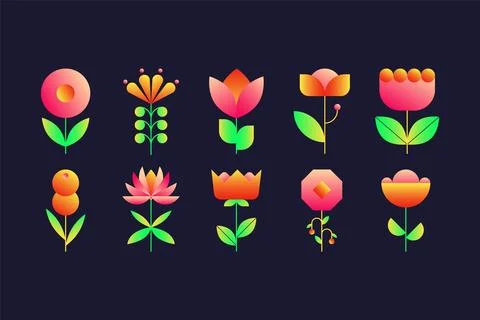 Geometric flower set. Abstract gradient floral elements bold simple geometry Stock Illustration
