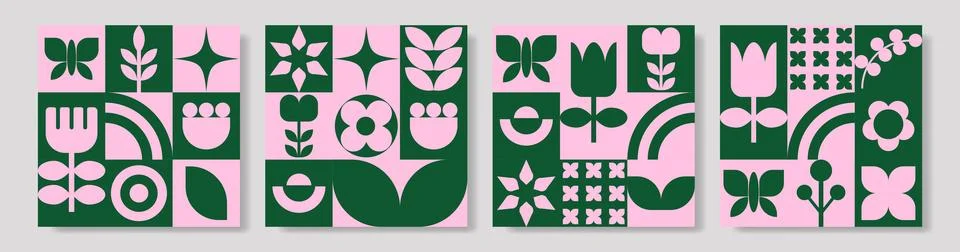 Geometric flowers and spring elements card background set. Stock Illustration